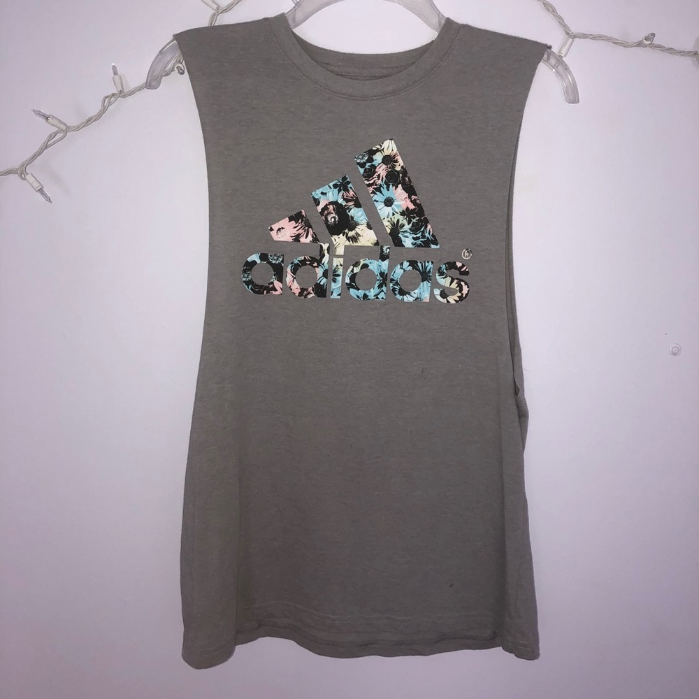 Gray Adidas muscle tee with floral logo